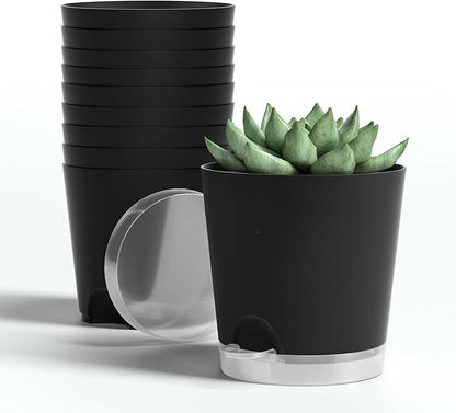 4 Inch 10 Pack Small Self Watering Pots for Indoor Plants, Nursery Pot with Drainage Holes and Saucers, Plastic Small Flower Planter for Succulent, Aloe, Cacti and More (Black)