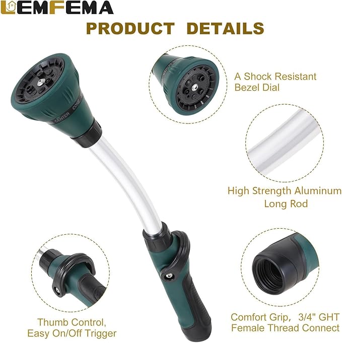 Watering Wand, 15 Inches Sprayer Wand Garden Hose Nozzle with 8 Adjustable Watering Patterns and Thumb Control Shut Off Valve for Showering Dog, Clean the ground, Car Wash, Lawn and Garden (Green)