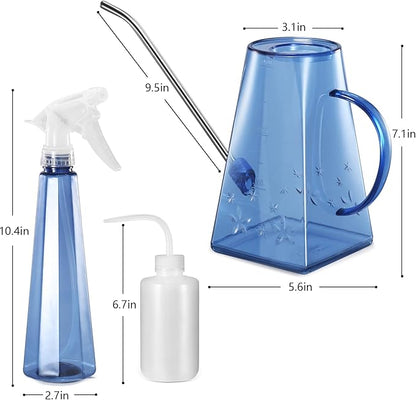 Goowin Watering Can Indoor Plants, Long Spout 47 oz Small Watering Can for Indoor with Bonus 16 oz Spray Bottle & 8.5 oz Squeeze Bottle, Blue