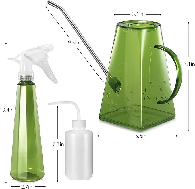Goowin Indoor Plants Watering Can - Long Spout 47 oz with Bonus 16 oz Spray Bottle & 8.5 oz Squeeze Bottle, Green