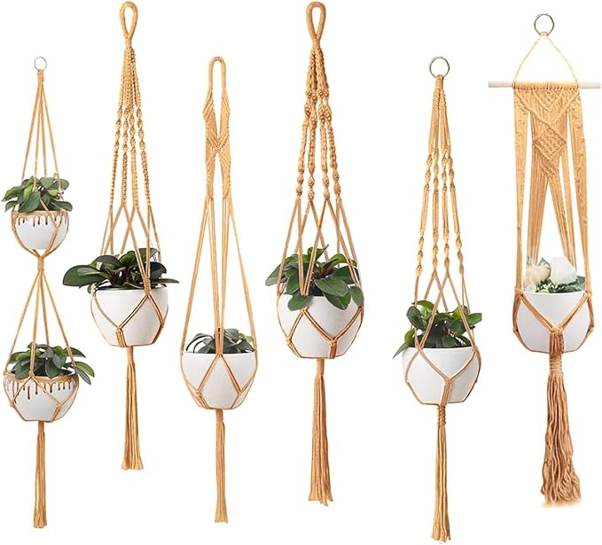 feedee Macrame Plant Hangers - 6 Pack, Brown, Indoor/Outdoor, 11.9 lbs Capacity, Ready to Hang