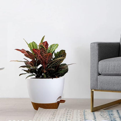 Large Self Watering Pots, 12/10/9 Plastic Planters with High Drainage Holes and Deep Reservoir for Indoor Outdoor Garden Plants and Flowers, White with Brown