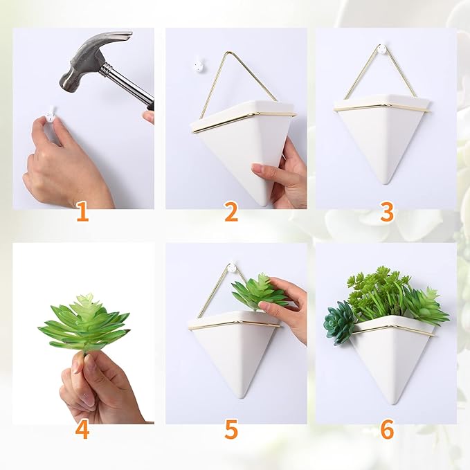 Rtteri 15 Pcs Hanging Artificial Succulents Plants for Indoor Fake Wall Planter with Faux Plants Geometric Vase Pot (8.2/5.9/4 Inch Size) Ceramic Holder and Mini Fake Succulent for Home Office(White)