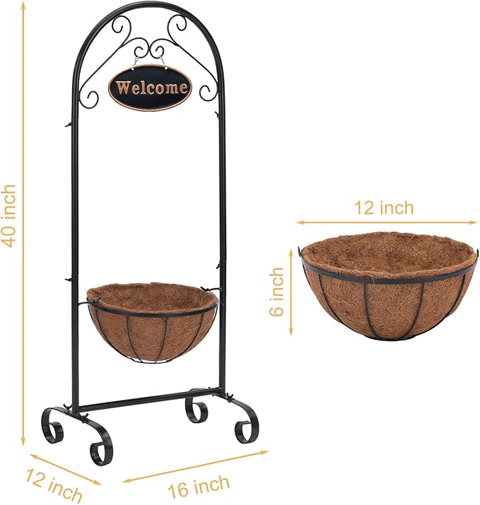 LEWIS&WAYNE 40’’ Tall Metal Welcome Planter Basket Stand with Coco Liner, Outdoor Décor for Porch, Deck, Patio, Landscape