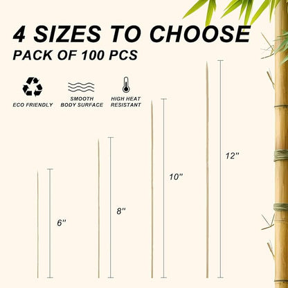 12 inch Natural Bamboo Skewers for Grilling，Chocolate Fountain，Kabob，Crafts，Barbecue，Flower Bouquet， Bouquet Wrapping Paper. Diameter=4mm. More Size Choices 6"/8"/10"/12"/36"(100 PCS)