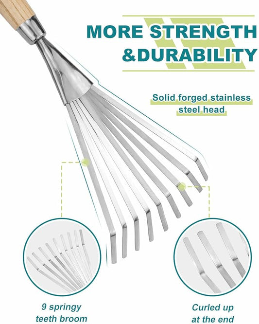 Hand Cultivator with 9-Teeth Rake - 14.4 Inch for Garden Bed Cultivating Soil, Weeding, Raking Leaves, Levelling Gravel - Solid Wood Handle