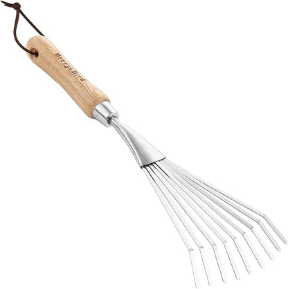 Berry&Bird Gardening Hand Shrub Rake, 14.7" Stainless Steel Grass Rake, 9 Tines Fan Lawn Leaf with Ergonomic Wooden Handle, Small Hand Rake for Sweep Leaves & Loose Debris in Garden, Lawns and Yards