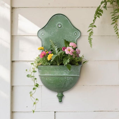 Vintage Rustic Wall Planter Distressed Decor Iron Hanging Plant Basket Shabby Metal Wall Mounted Flower Holder Pot Stand for Indoor Outdoor Home Balcony Patio Farmhouse Garden Decorative (Green)
