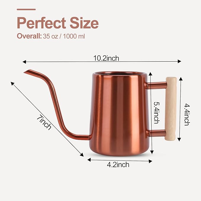 Watering Can Indoor Plants, 35 oz/1000 ml Metal Stainless Steel Watering Can Pot with Long Spout for Indoor House Plants Bonsai Outdoor Garden Flower Decorative (Copper)