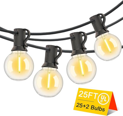 G40 LED Globe Outdoor String Lights 25FT, Waterproof & Shatterproof with 25 Clear Plastic Bulbs (2 Spare), Black Wire,for Cafe Bistro Porch Garden Balcony Party Decor