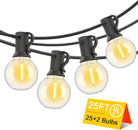 G40 LED Globe Outdoor String Lights 25FT, Waterproof & Shatterproof with 25 Clear Plastic Bulbs (2 Spare), Black Wire,for Cafe Bistro Porch Garden Balcony Party Decor