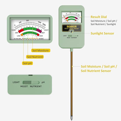 Sonkir Soil Moisture Meter, 4-in-1 Soil Ph Meter, Soil Tester for Nutrients, Moisture, PH and Light, Soil Ph Test Kits for Plant, Great for Garden, Indoor & Outdoor Use (No Battery Required), Green