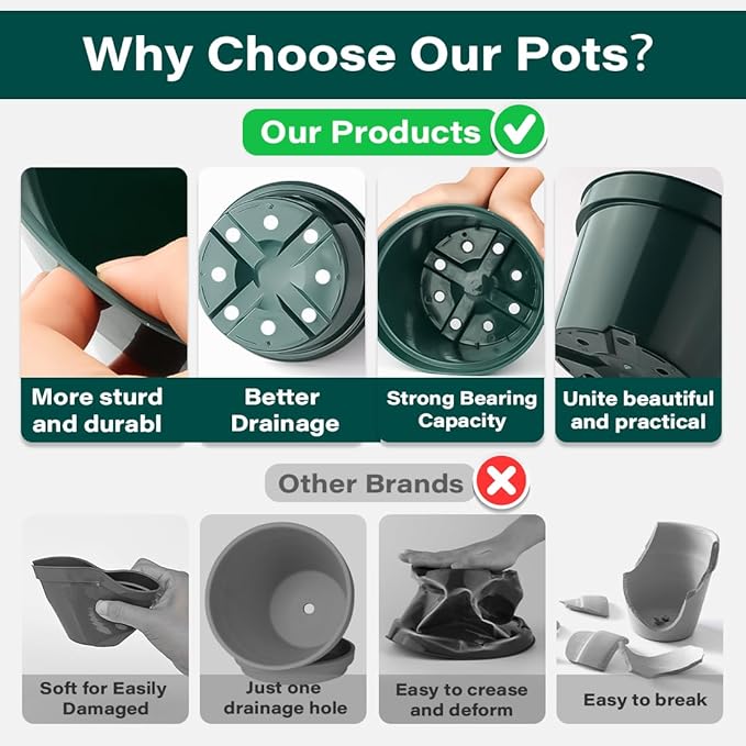 BTPLASTIK 8 Inch Plastic Plant Pots, 15 Pack Sturdy Nursery Pots with Drainage Holes, Flower Planter Pots for Indoor Outdoor, Garden Containers Sets for Vegetable Herbs Flowers, Green