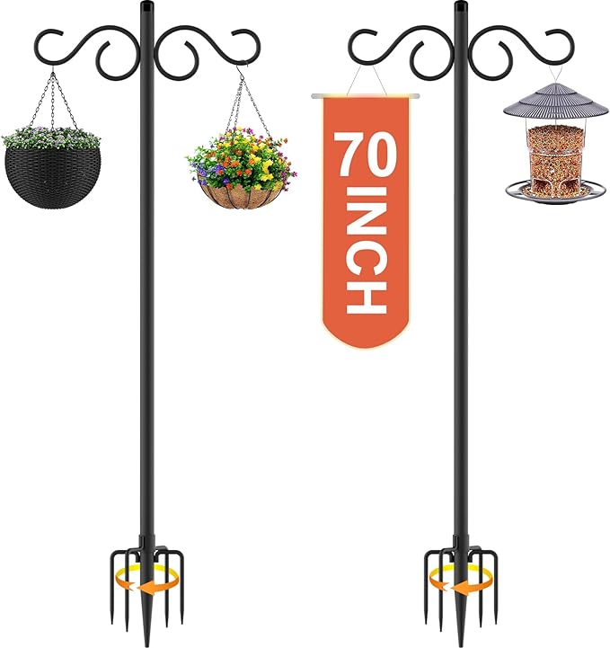 Double Shepherds Hooks for Outdoor,2 Pack 70 Inch Bird Feeder Pole with 5 Prongs Base,Heavy Duty Shepherds Hook,Suitable for Garden in Hanging Flower Basket,Lantern,Bird Nests (2 Pack 70 inch)