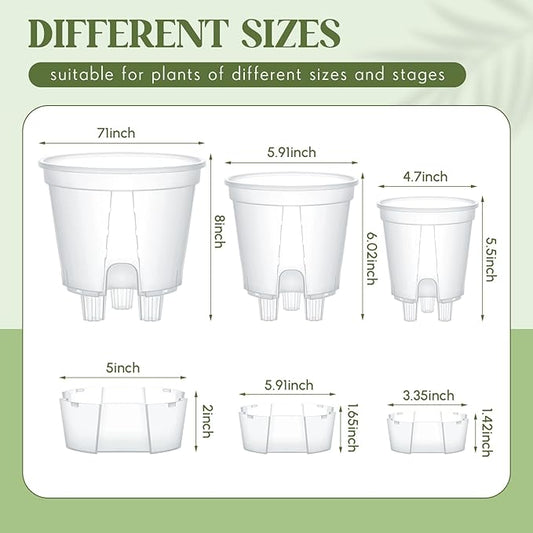 6 Pcs Self Watering Pots for Indoor Plants with Deep Reservoir and High Drainage Holes for Outdoor Plants and Flowers, Bare Root Planter (4.72'',5.91'',7.09'',Clear)