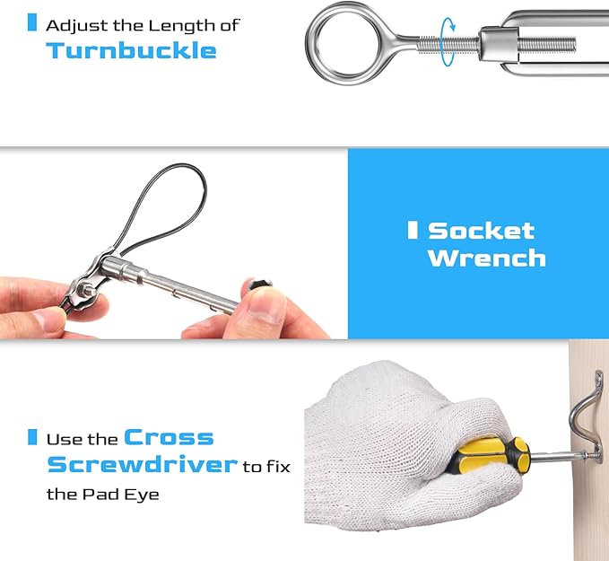 NEREUS String Light Hanging Kit with 164 Ft Vinyl Coated 304 Stainless Steel Cable, String Light Suspension Kit, Guide Wire with Turnbuckles and Hooks for Patio, Backyard Lighting Accessories