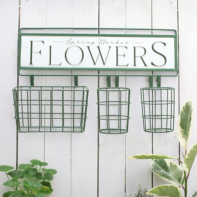 Vintage Metal Hanging Flower Pot Rustic Wall Mounted Planter Bucket 3 Basket Farmhouse Plants Holder with Detachable Hooks for Garden Railing Fence Patio Yard Outdoor Decor Green