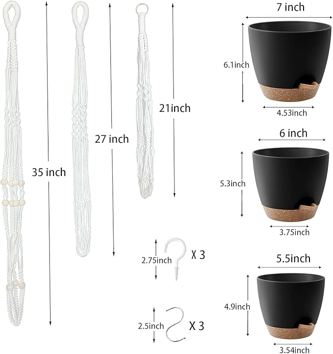 Hanging Planters with Macrame Plant Hangers for Indoor Outdoor Plants,3 Set Hanging Baskets Flower Pots Holders 35‘’/27‘’/21‘’,Self-Watering Pots 7‘’/6‘’/5.5‘’,Boho Home Decor (Black)