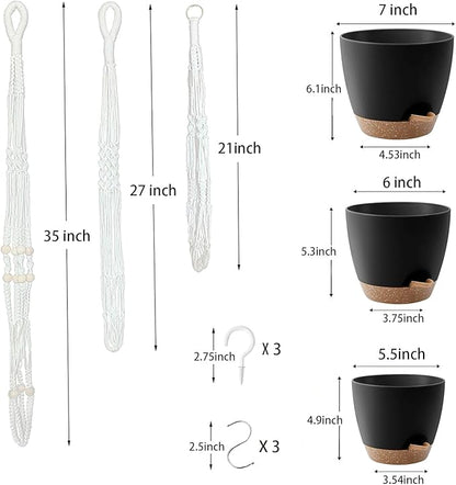 Hanging Planters with Macrame Plant Hangers for Indoor Outdoor Plants,3 Set Hanging Baskets Flower Pots Holders 35‘’/27‘’/21‘’,Self-Watering Pots 7‘’/6‘’/5.5‘’,Boho Home Decor (Black)