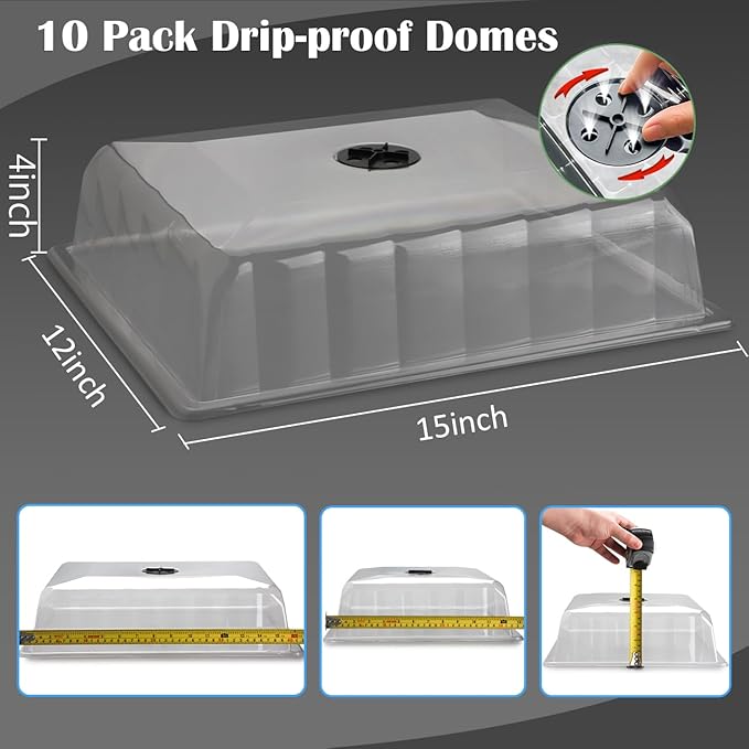 10-Pack Leak-Proof Humidity Domes, Plastic Clear Seed Starter Dome, Seed Starter Tray Covers Humidifying and Insulating for Greenhouse Germination and Garden Growing (16"×13", 4" Height)