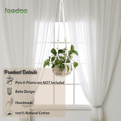 Macrame Plant Hanger, Hanging Planters for Indoor Plants Holder with Wood Beads, Hanging Plant Holder for Indoor Outdoor, Gifts for Plant Lovers, Boho Home Decor Plant Hanger, Ivory