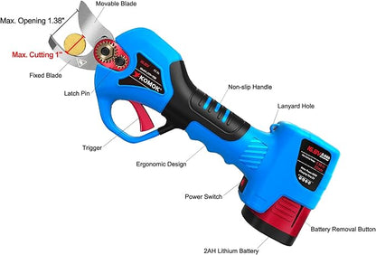 KOMOK Electric pruning shears, Professional Cordless Power Branch Cutter Fruit Tree Pruner, 2PCS 2Ah Battery Operated Pruning Shears, MAX 1" Cutting Capacity 6-7 working hours