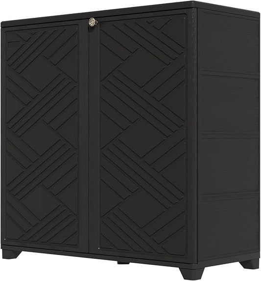 HOMSPARK Indoor/Outdoor Storage Cabinet with Doors and 1 Shelf, 34”x15”x34” HDPE Plastic Storage Box for Bedroom, Bathroom, Living Room, Balcony, Multi-Purpose for Daily Tools, Black