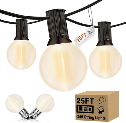 G40 25FT LED Outdoor String Lights,Frosted Patio Lights with 27 (2 Spare) Plastic Shatterproof Globe Bulbs,Connectable Outside Hanging Lights for Porch,Garden, Backyard,Wedding Decor