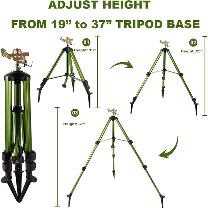 THUNDERBAY Impact Sprinkler on Tripod Base, Heavy-Duty sprinklers Provide 360-degree Spray Coverage Large Yard Garden Lawn Areas, 3/4 Inch Connector Extension Legs Flip Locks with Brass Head, 1 Pack