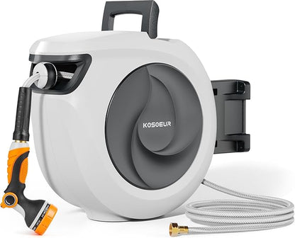 KOSOEUR Retractable Garden Hose Reel, 1/2 in x 65 ft Garden Hose Reel, Automatic Retractable Water Hose Wall Mount with 10 Pattern Nozzle, Slow Rewind System/Any Length Auto Lock 180° Swivel Bracket