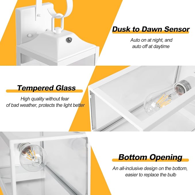 19" Large Dusk to Dawn Outdoor Wall Light, White Outside Farmhouse Wall Sconce, Industrial Wall Mount Light Fixture, Waterproof Modern Porch Lighting Exterior Lamp for House Garage