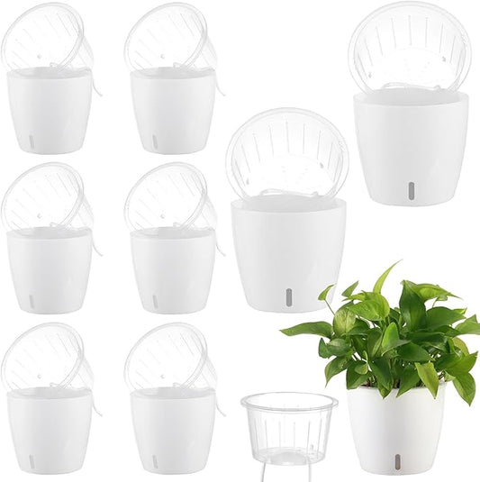 Self-Watering Pots for Indoor Plants, 8-Pack 6.7'' Self Watering Planter with Drainage Holes, Small African Violet Pots with Water Indicator, Clear Wick Pot, White