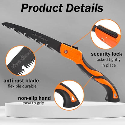 Vivicreate Folding Hand Pruning Camping Saw Survival Bushcraft Saw Tree Pruning Cutting Hand Limb Yard Work Folding Saw serrucho plegable sierra de poda herramientas de jardinería (10 Inch)
