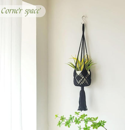 Hanging Planter with Patterns,2Packs Macrame Plant Hangers Indoor Macrame for up to 8 inch Pot Crochet Boho Plant Hanger Holder for Indoor Outdoor with 2S Shaped Stainless Steel Hooks (Black)