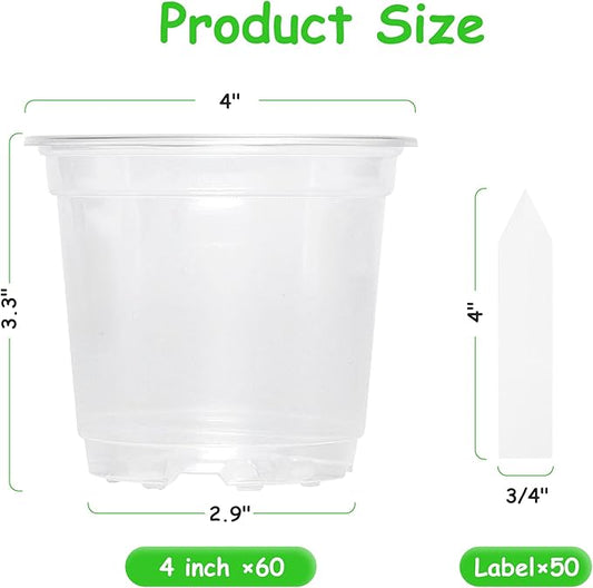 60 Pack 4 Inch Clear Nursery Pots with Drainage Holes, Transparent Plastic Plant Pot, Reinforced Seed Starter Pots Flower Pots Come with 50pcs Plant Labels