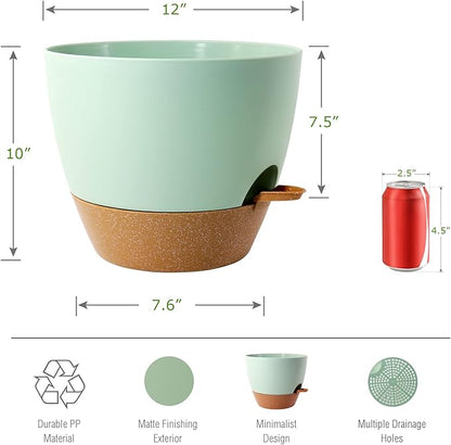 12 inch Large Self Watering Pots, Plastic Planters with 60oZ Removable Deep Reservoir and Multi Mesh Drainage Holes for Indoor Outdoor Garden Plants and Flowers, Green with Brown