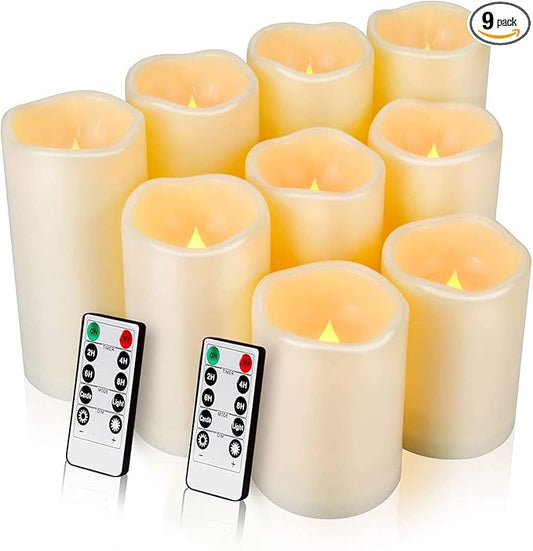 Enido 9pcs Flameless Flicking LED Candles with Remote, Battery Operated Outdoor Waterproof Candles, Electric Candle for Dining Tables and Fireplaces