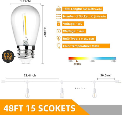 96FT(48×2) Outdoor String Lights, Commercial Grade Heavy Duty White Wire Patio Light with Dimmable S14 Shatterproof LED Bulbs, Linkable Waterproof Bistro Lights for Outside Deck Backyard Cafe Market