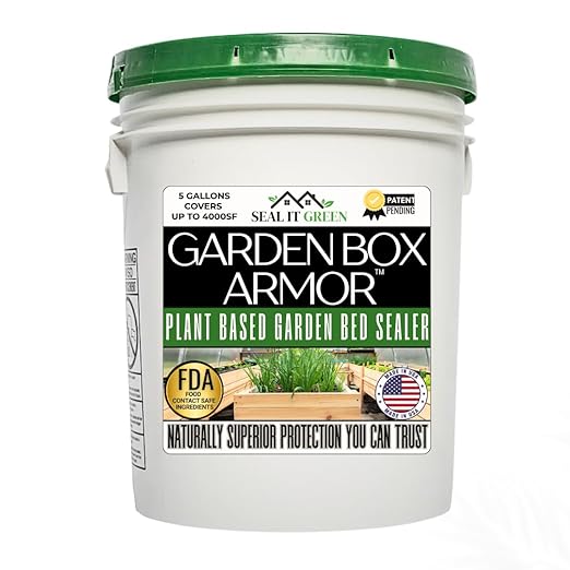 Garden Box Sealer | FDA Food Contact Safe Plant-Based Wood Sealant for Raised Bed, Planter & Pet House. Protects All Wood Types from Water & Weather Damage | (5 Gallon)