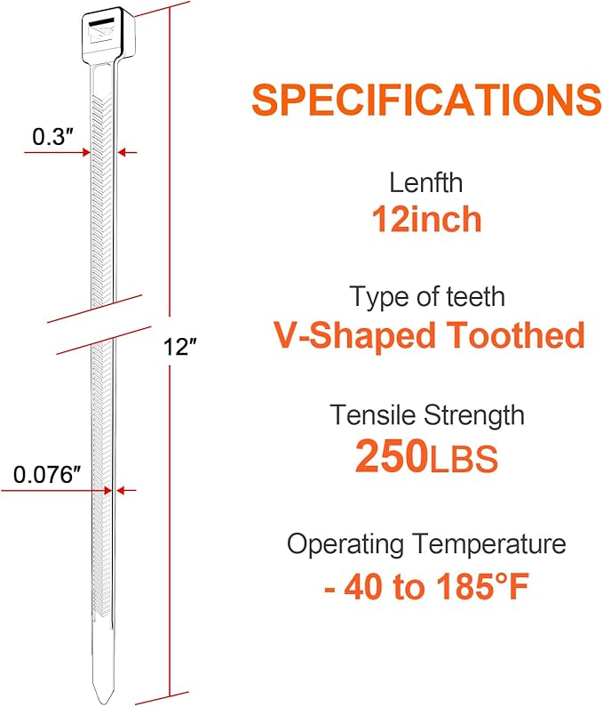 12 Inch V-Shaped Zip Ties Double Sided Toothed,250 LBS Tensile Strength Heavy Duty Cable Wire Ties With Self-Locking Adjustable More Durable Nylon Tie Wraps for Indoor Outdoor（50 Pack）