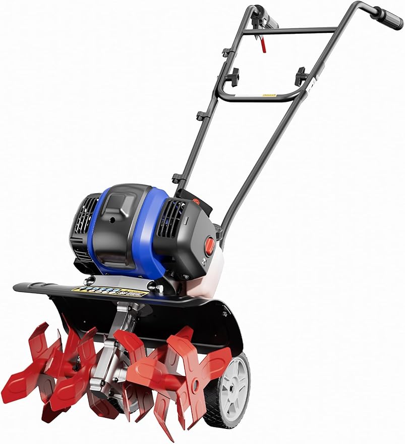 Wild Badger Power Garden Tiller 53cc Mini Cultivator 15 inch Powerful Liftable Booster Rod Tilling Tool for Lawn, Garden and Field Soil Cultivation