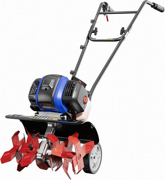 Wild Badger Power Garden Tiller 53cc Mini Cultivator 15 inch Powerful Liftable Booster Rod Tilling Tool for Lawn, Garden and Field Soil Cultivation
