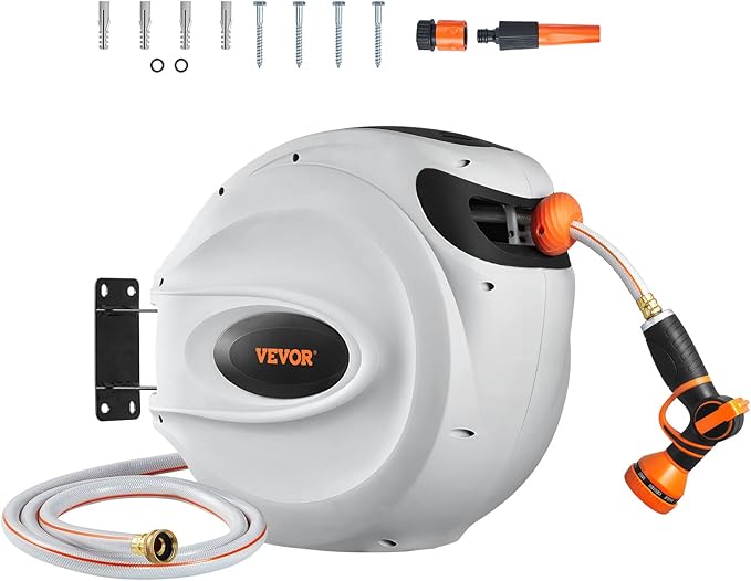 VEVOR Retractable Hose Reel, 84 ft x 5/8 inch, Garden Water Hose Reel with 9-Pattern Nozzle, 180° Swivel Bracket Wall-Mounted, Automatic Rewind, Lock at Any Length, with Slow Return System