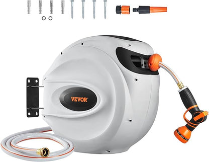VEVOR Retractable Hose Reel, 130 ft x 1/2 inch, Garden Water Hose Reel with 9-Pattern Nozzle, 180° Swivel Bracket Wall-Mounted, Automatic Rewind, Lock at Any Length, with Slow Return System