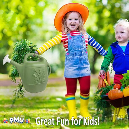 PMU 2 Gallon Watering Can - Garden Watering Can for Indoor & Outdoor Plants - Plastic Water Can with Detachable Sprinkler Head - Large Water Pot, Made in USA - Sage Green Pkg/3