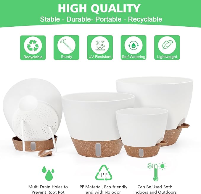 12" 10" 9" 8" Self Watering Pots with Water Level Indicator, Large Plastic Planters Set with Mesh Drainage Hole and Removable Saucer Reservoir, Big Flower Pot for Indoor Outdoor Plants - White