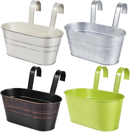 OBTANIM 4 Pack Metal Hanging Flower Pots Iron Railing Planter Outdoor Fence Hanging Pots Bucket Plant Holder with Detachable Hooks Drain Holes for Home Garden Yard Decor (Mixed Color)