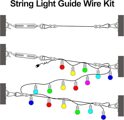 BLIKA String Light Hanging Kits, 250FT Coated Stainless Steel 304 Wire Rope, Outdoor Light Guide Wire, Globe String Light Suspension Kit Included Turnbuckles, Enough Accessories, Use Manual