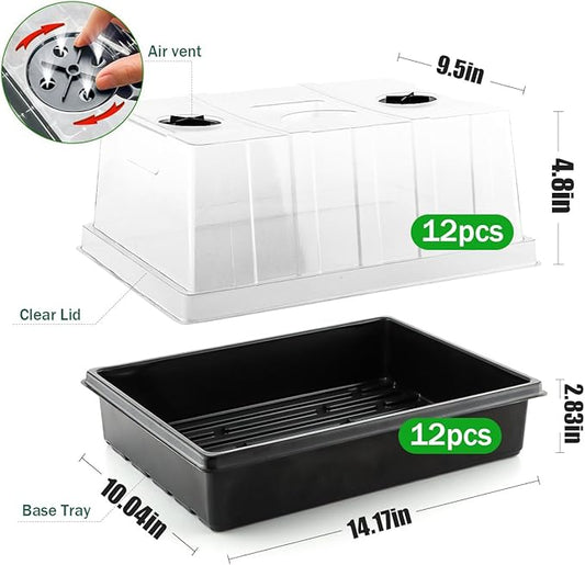 12-Pack Seed Starter Trays with 5'' Tall Humidity Domes – Thick Plastic, Reusable Seedling Tray with Clear Lids for Strong Plant Germination, Ideal Microgreen Growing Trays for Faster Seed Propagation