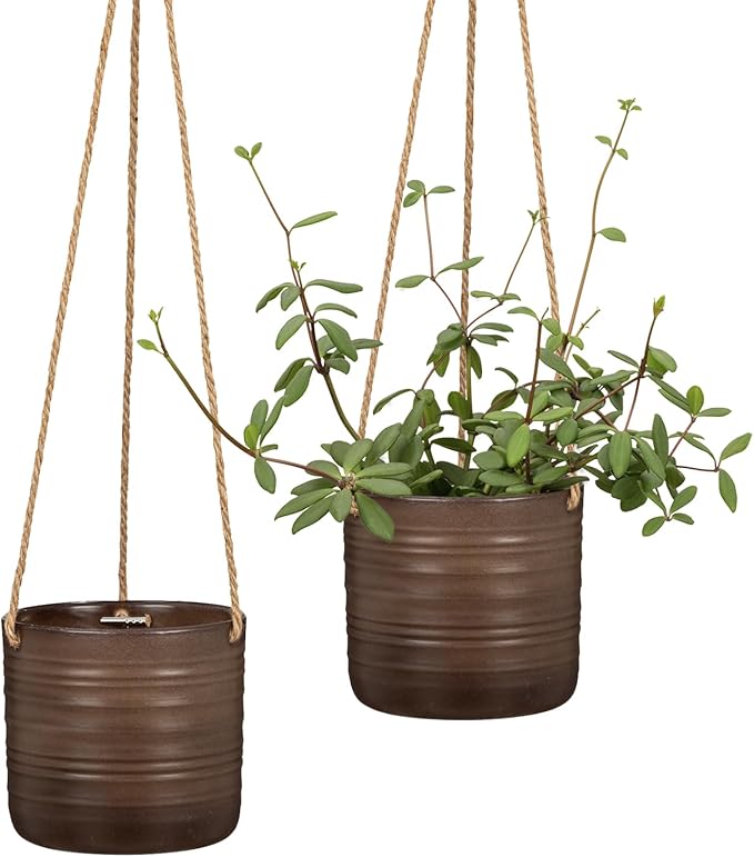 SCHEURICH Set of 2 Dark Oak Cottage Ceramic Hanging Plant Pot 6.5" - with 22" Sisal Rope Hanger - Waterproof&Break-Resistant, for Indoor&Outdoor Plants, Succulents&Flowers - Made in Germany - 0.7 gl